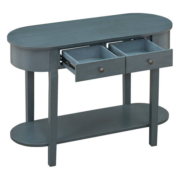 Elegant Retro Console Table – Vintage Navy Wooden Entryway Table with Drawers & Shelf