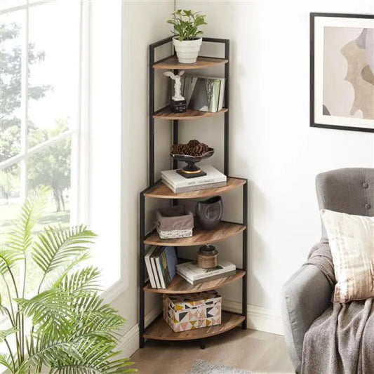 6-Tier Floor Corner Open Bookshelf – Modern Rustic Wood Shelf for Small Spaces