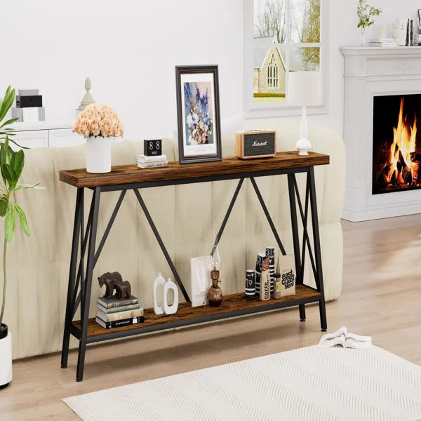 Ultra Long 70.9-Inch Sofa Console Table – Brown Wood & Metal, Rear Entryway Table