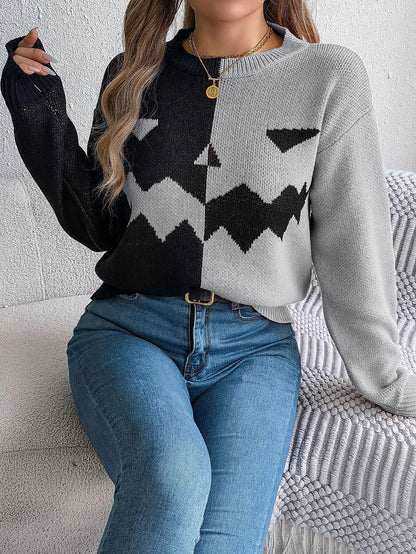 Halloween Ghost Contrast‑Color Pullover Sweater – Loose Knit Top for Women