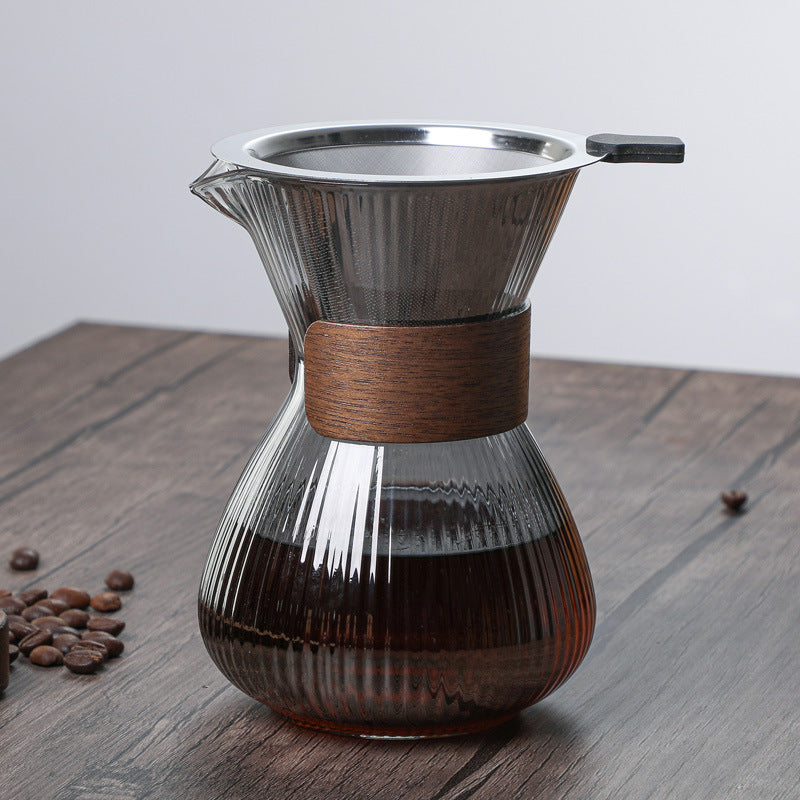 Striped Glass Coffee Pot with Wooden Ring