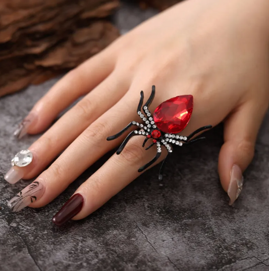 Halloween Spider Ring with Rhinestone – Adjustable Open Band for Women