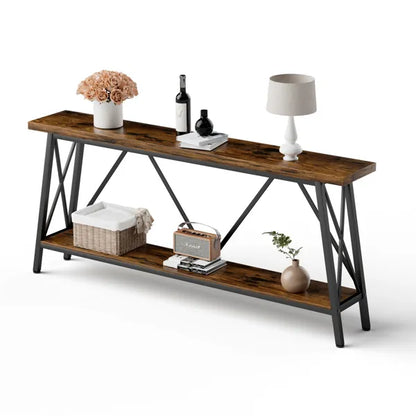 Ultra Long 70.9-Inch Sofa Console Table – Brown Wood & Metal, Rear Entryway Table