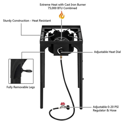 -Outdoor Camp Stove High Pressure Propane Gas Cooker Portable Cast Iron Patio Cooking Burner Single Burner 75000-BTU
