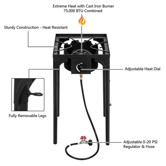 -Outdoor Camp Stove High Pressure Propane Gas Cooker Portable Cast Iron Patio Cooking Burner Single Burner 75000-BTU