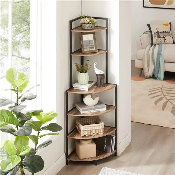 6-Tier Floor Corner Open Bookshelf – Modern Rustic Wood Shelf for Small Spaces