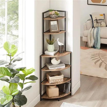 6-Tier Floor Corner Open Bookshelf – Modern Rustic Wood Shelf for Small Spaces