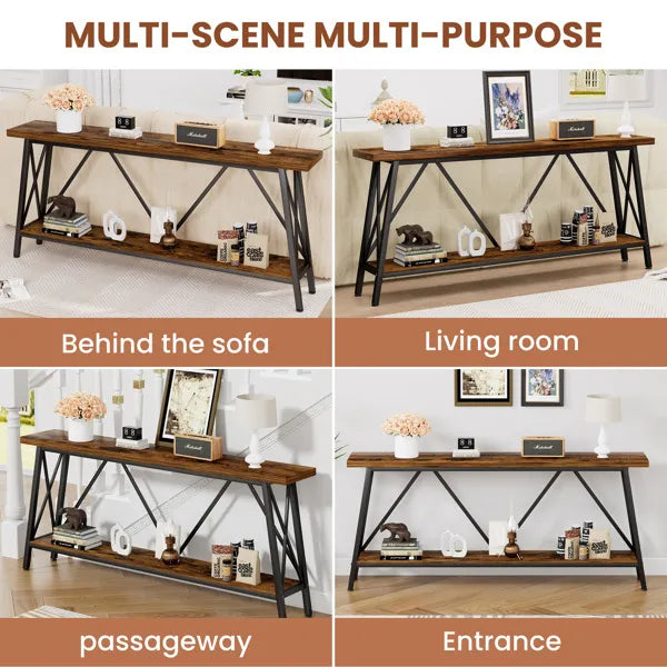 Ultra Long 70.9-Inch Sofa Console Table – Brown Wood & Metal, Rear Entryway Table