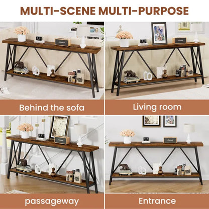 Ultra Long 70.9-Inch Sofa Console Table – Brown Wood & Metal, Rear Entryway Table