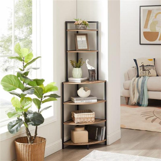6-Tier Floor Corner Open Bookshelf – Modern Rustic Wood Shelf for Small Spaces