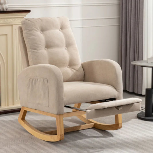 Cozy Upholstered Rocking Chair with High Back & Storage Pocket