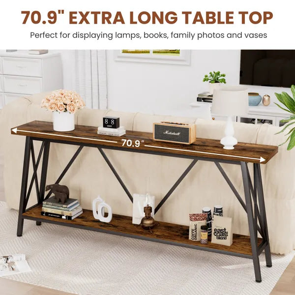 Ultra Long 70.9-Inch Sofa Console Table – Brown Wood & Metal, Rear Entryway Table