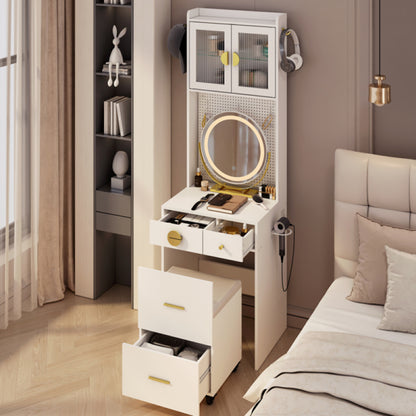 Modern Compact Vanity Desk Set with LED Mirror, Charging Station & Storage Stool