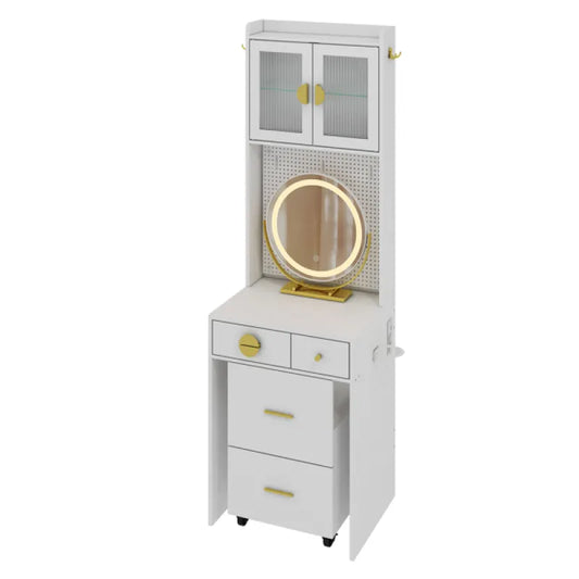 Modern Compact Vanity Desk Set with LED Mirror, Charging Station & Storage Stool
