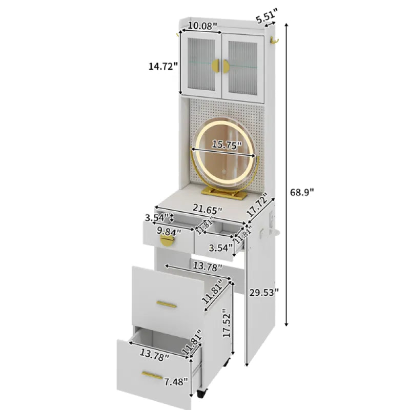 Modern Compact Vanity Desk Set with LED Mirror, Charging Station & Storage Stool