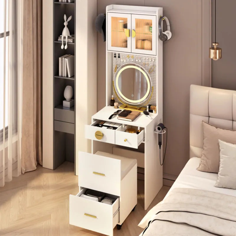Modern Compact Vanity Desk Set with LED Mirror, Charging Station & Storage Stool
