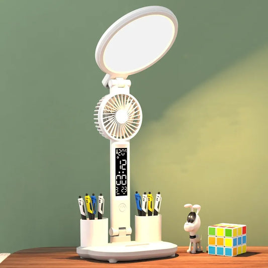 3-in-1 LED Desk Lamp with Clock, USB Charging & Foldable Fan – Eye Protection Night Light