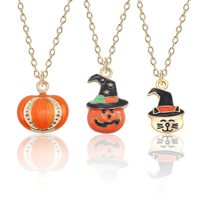 Halloween Oil‑Drop Pumpkin Cat Necklace – Adjustable Clavicle Pendant for Women