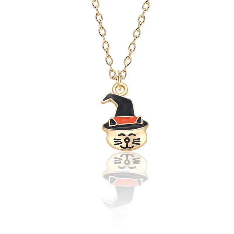Halloween Oil‑Drop Pumpkin Cat Necklace – Adjustable Clavicle Pendant for Women