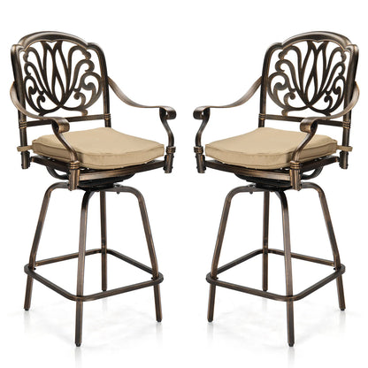 2PCS Cast Aluminum Swivel Bar Stools – Bronze Finish with Beige Cushions