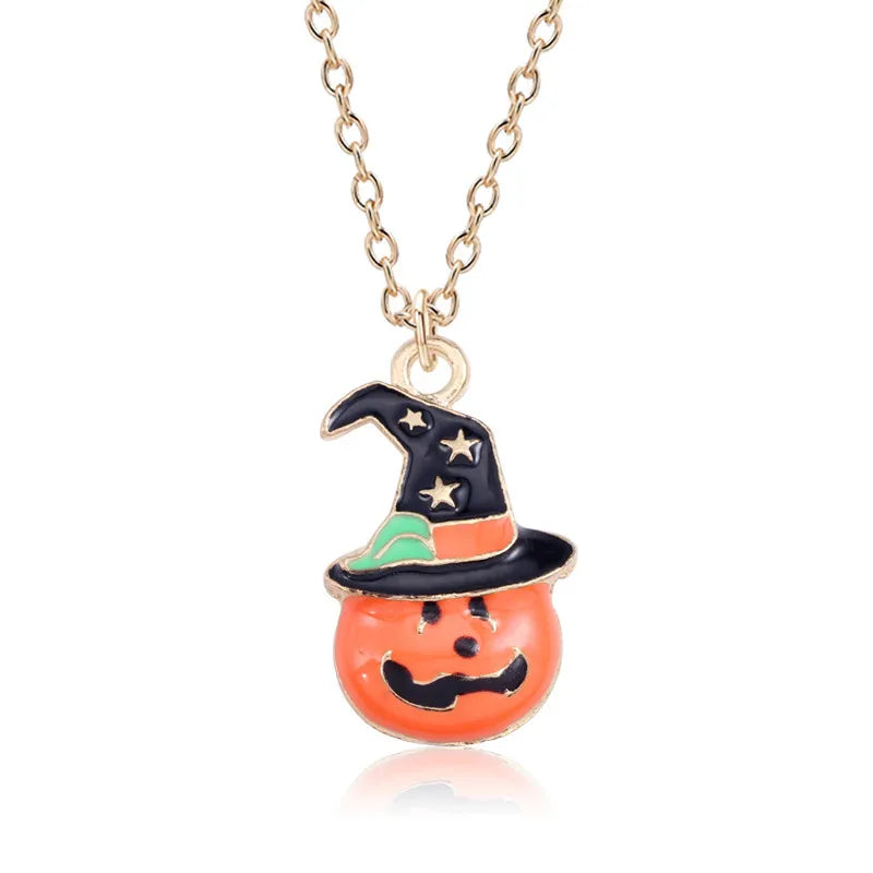 Halloween Oil‑Drop Pumpkin Cat Necklace – Adjustable Clavicle Pendant for Women